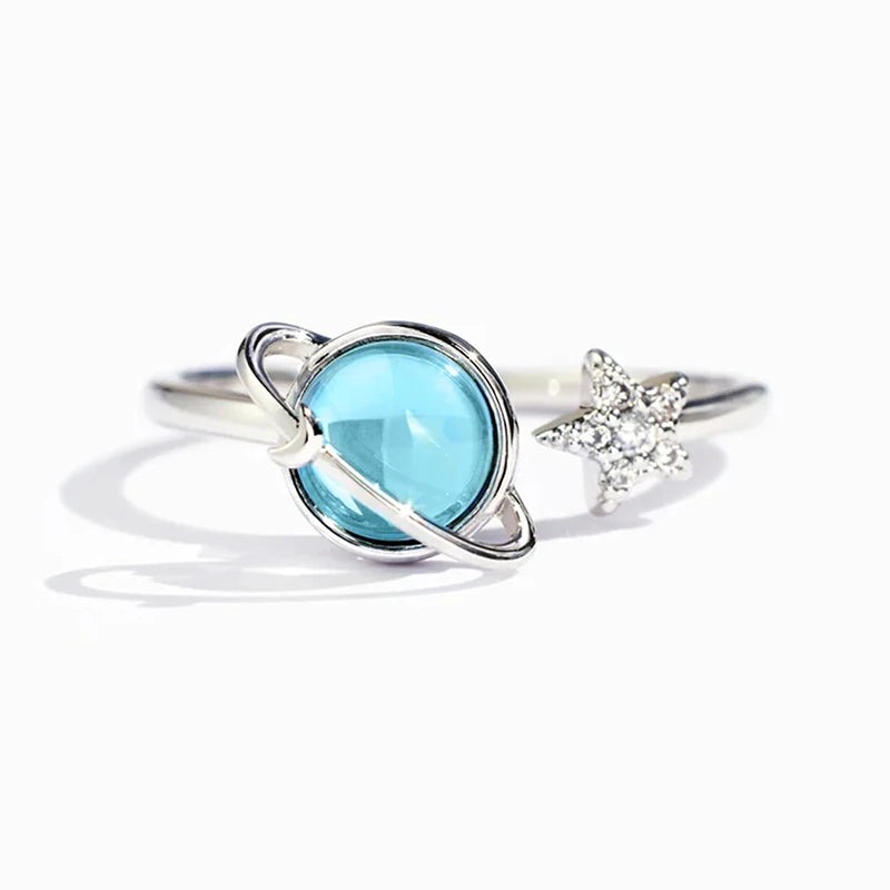Blue Planet and Silver Star Ring for Women - Unique Open Design Jewelry Gift