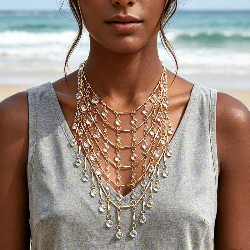 Multilayer Gold Waterfall Crystal Tassel Necklace for Women Bohemian Beach Wedding Party Jewelry Gift