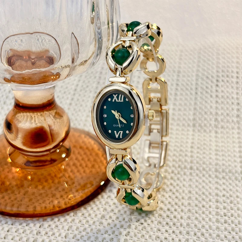 Elegant Oval Women's Wrist Watch with Sparkling Stones, Luxury Style