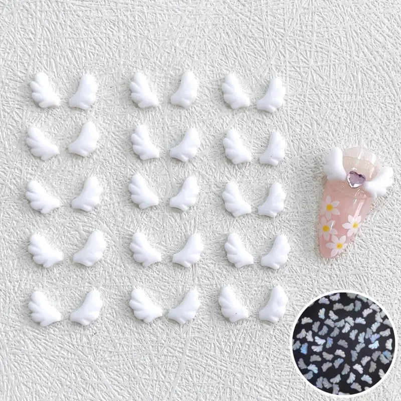 30PCS White & Black 3D Acrylic Angel Wings Nail Art Charms for Manicure Decoration