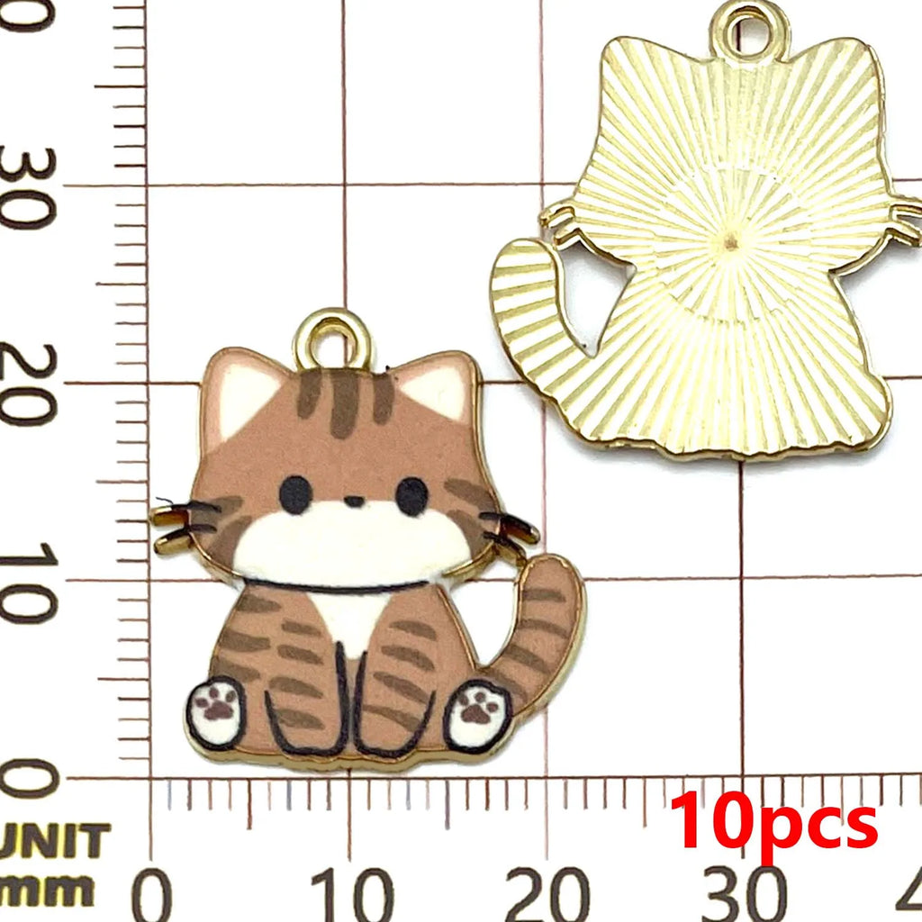 10pcs Enamel Cat Charm Set for Jewelry Making - Cartoon Animal Pendants
