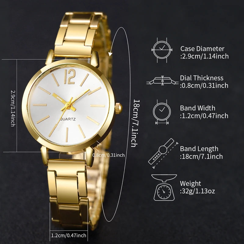 Women's Stainless Steel Analog Quartz Watch with Heart Jewelry Set - 6 Pieces