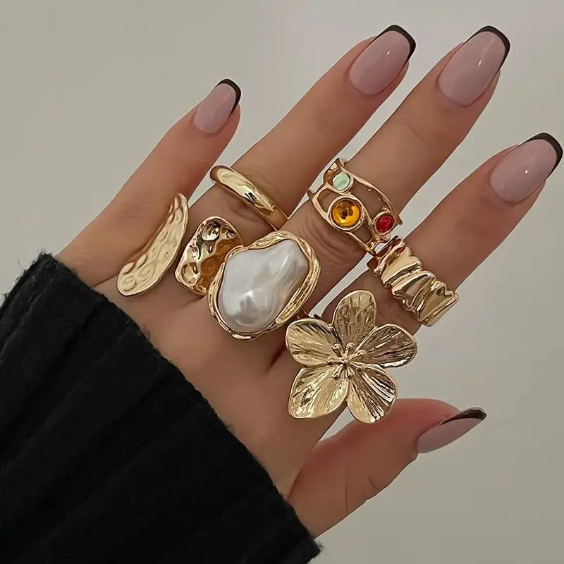Elegant Irregular Metal Flower Open Rings Set with Imitation Pearls for Women