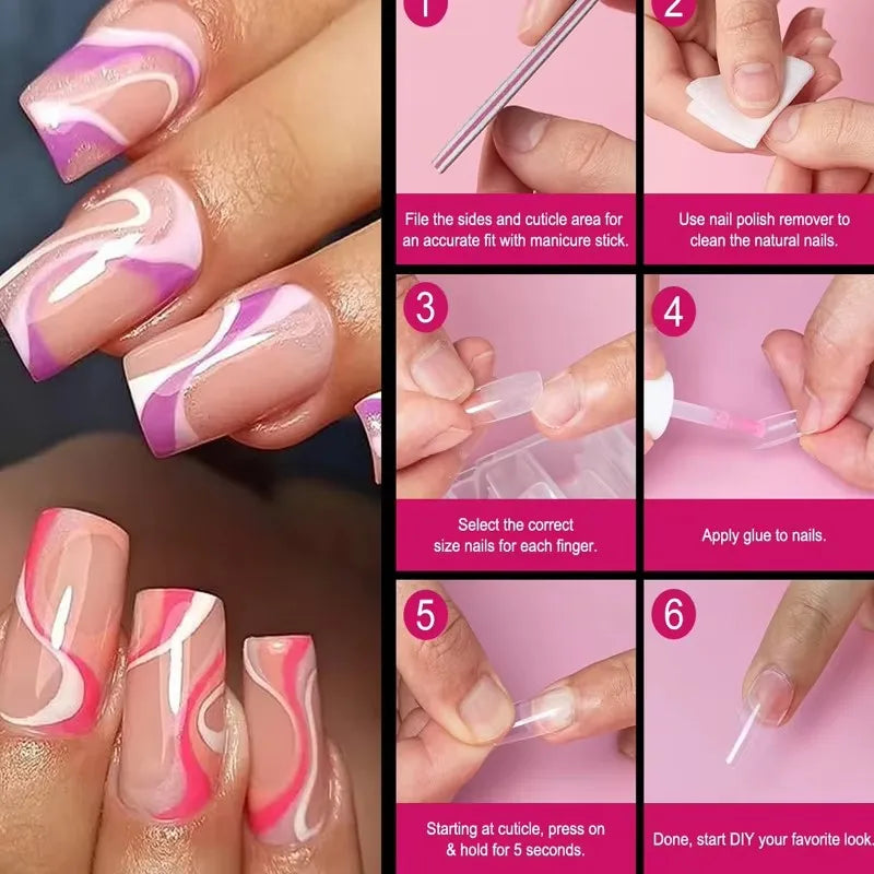 Artificial Square Nail Tips - Full Cover Gel Nails, 12 Sizes, Soft Transparent