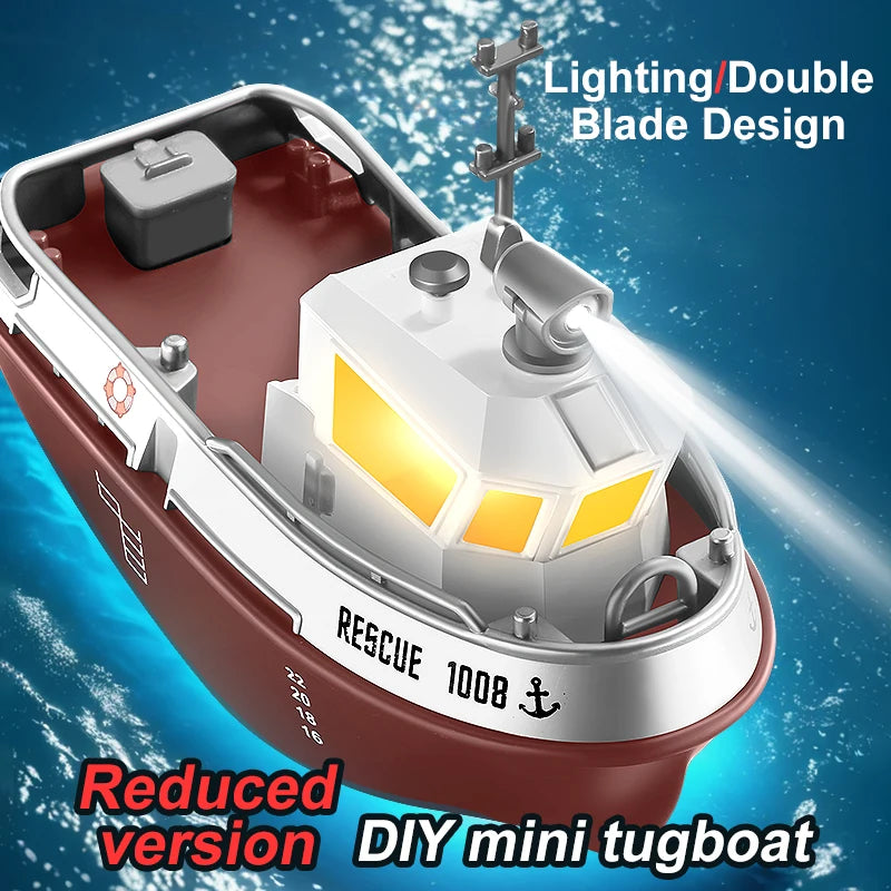 Remote Control Water Tugboat Toy with Lights - 1/32 Scale, Dual Motor, Long Range