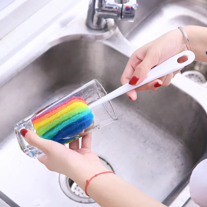 Rainbow Sponge Bottle Brush with Long Handle - Reusable Glass & Mug Cleaning Tool