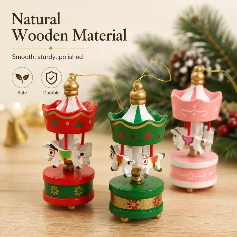 Christmas Wooden Carousel Ornament - Hanging Pendant Holiday Decor & Gift Set