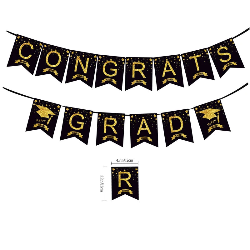 Graduation Hat Star Banner Hanging Decorations - Black Gold Party Ornaments
