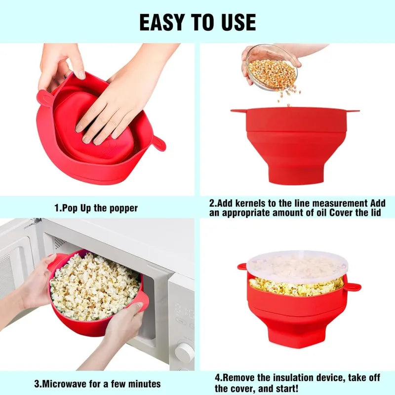 Silicone Microwave Popcorn Maker Bowl with Lid - Collapsible & Easy to Use
