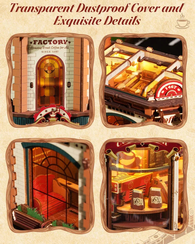 Wooden 3D Puzzle Coffee Factory Music Box Kit with LED Lights - DIY Model for Adults