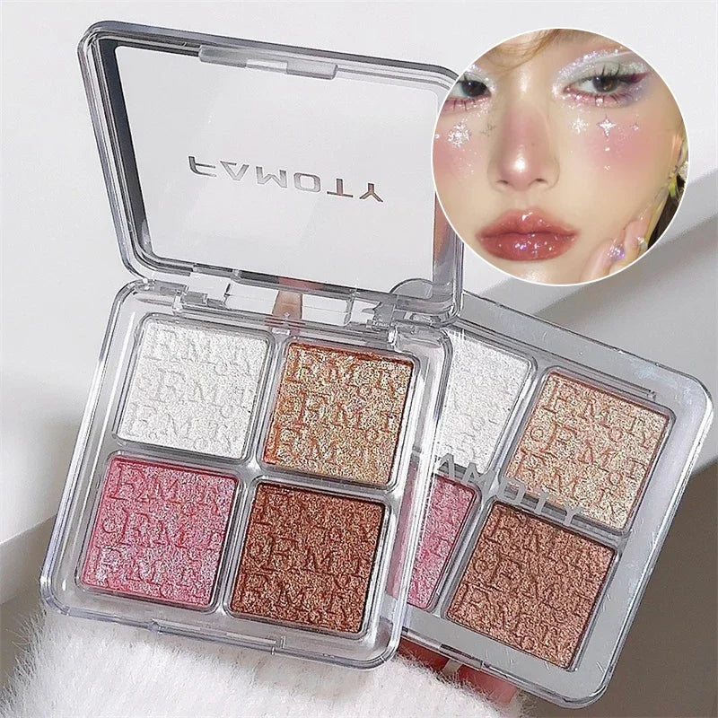 4-Color Face Highlighter Palette with Glitter & Shimmer - Long-Lasting Makeup