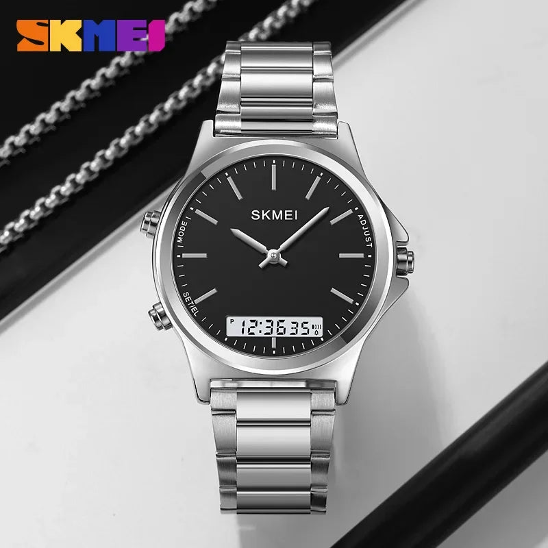 Digital Quartz Sport Watch for Men Waterproof Stainless Steel Dual Display