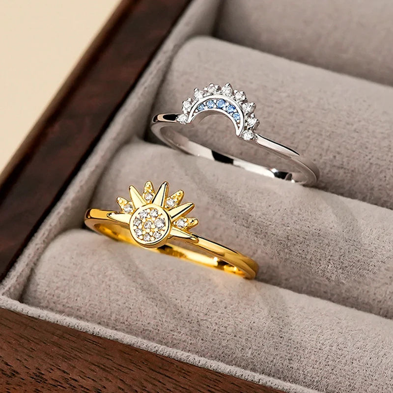 Celestial Sun and Moon Couple Ring Set with Cubic Zirconia - Silver Jewelry for Valentines