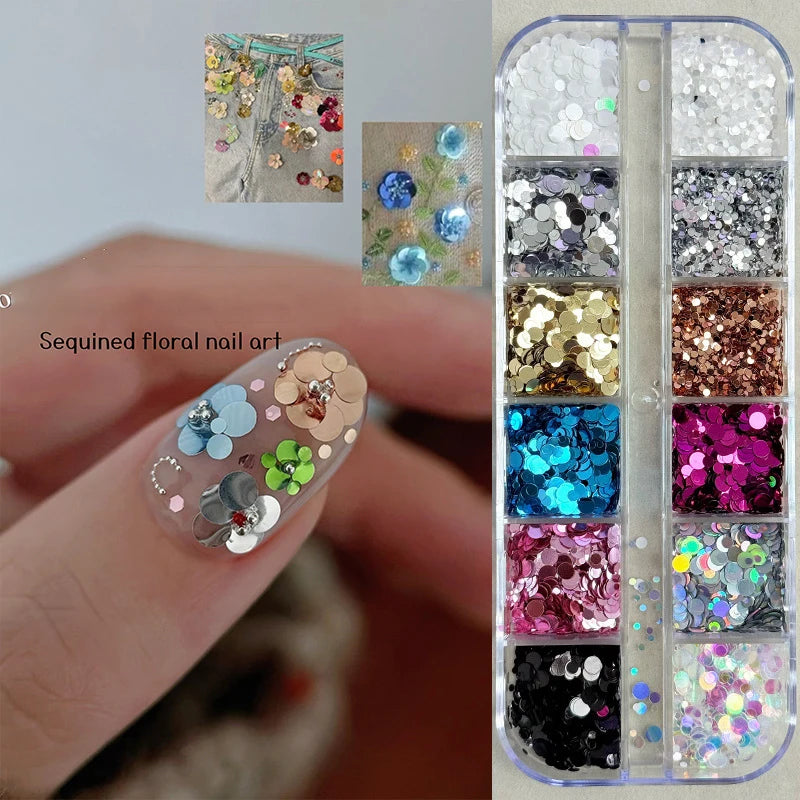 3D Flower & Polka Dot Nail Art Sequins Set - Multiple Colors, 12 Grids, 1-3mm Glitter Flakes for Manicure