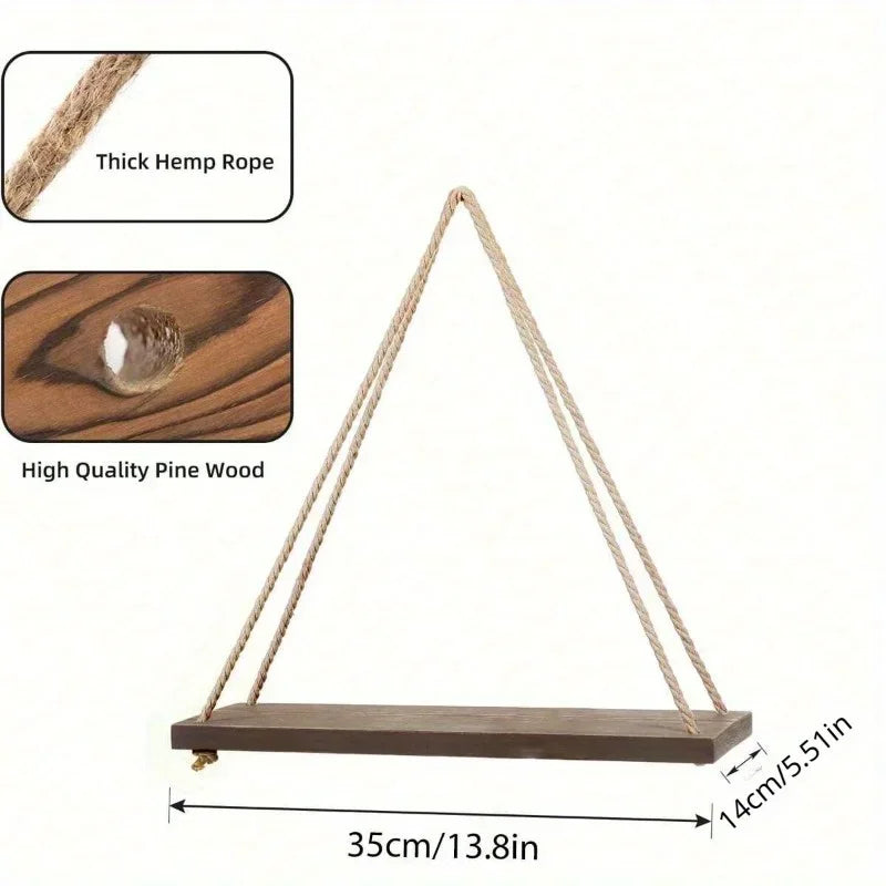 Wooden Hanging Shelf Rope Wall Mount for Plants & Decor - Natural Recycled Wood