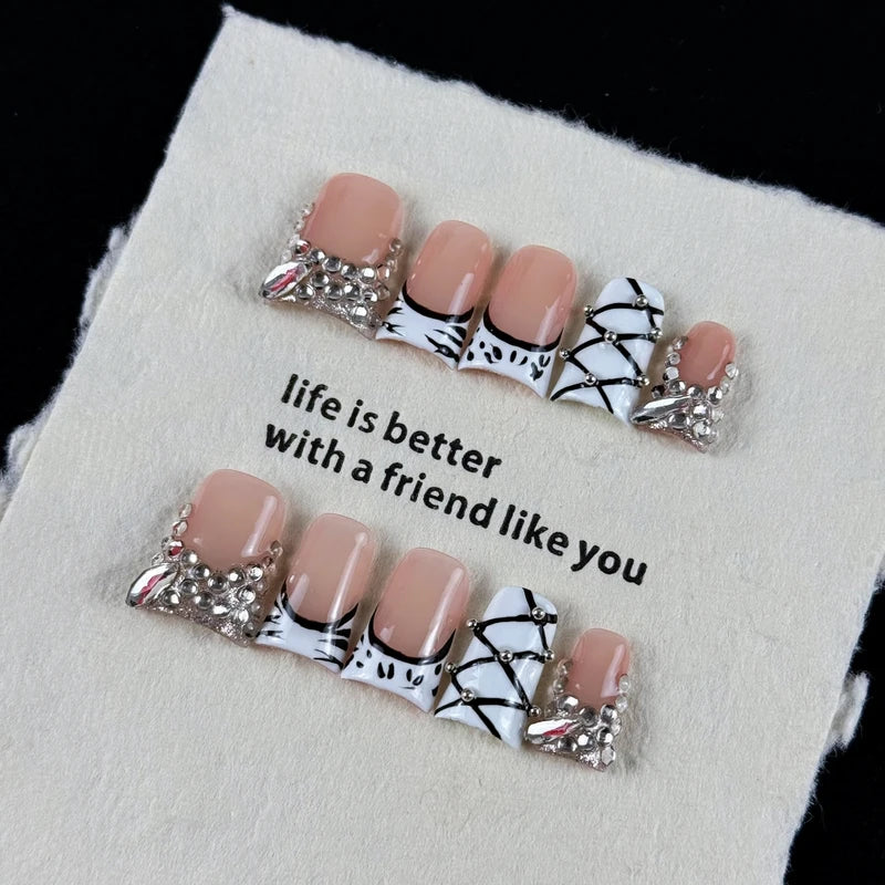 Luxury Hand-Painted Zebra Fake Nails with Glittering Diamonds - 10pcs