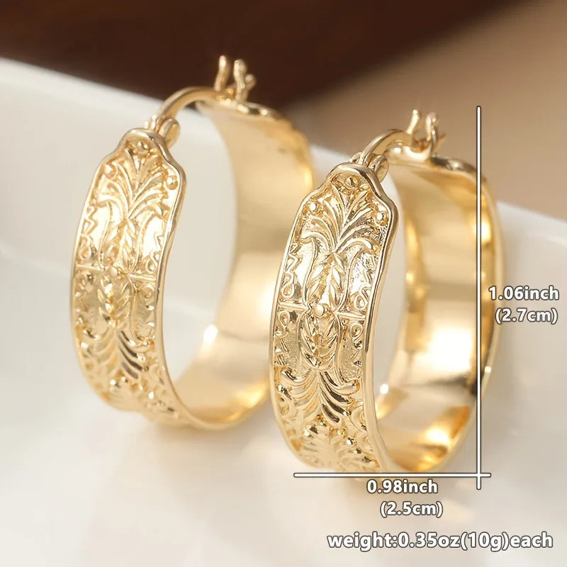 Vintage Gold Hoop Earrings for Women - Hand Carving Pattern Party Daily Wear