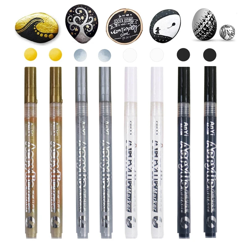 3-Piece Acrylic Paint Markers Set - Black, White, Gold & Silver for Arts and Crafts