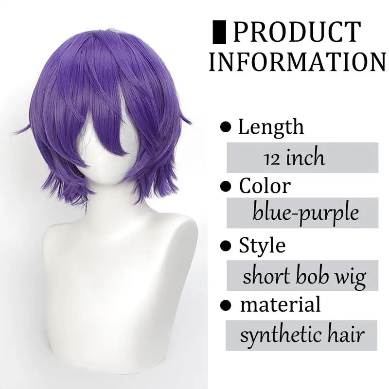 Short Cosplay Wig 12 Inch Blue and Purple Wavy Bob with Bangs Anime Hair Heat Resistant Synthetic Fiber