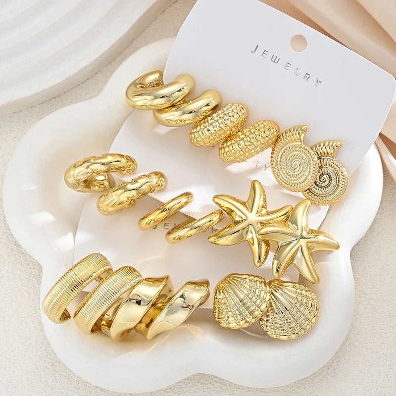 Vintage Gold Plated Ocean Earring Set with Starfish Shell Conch Textured Hoops for Women Summer Beach Jewelry