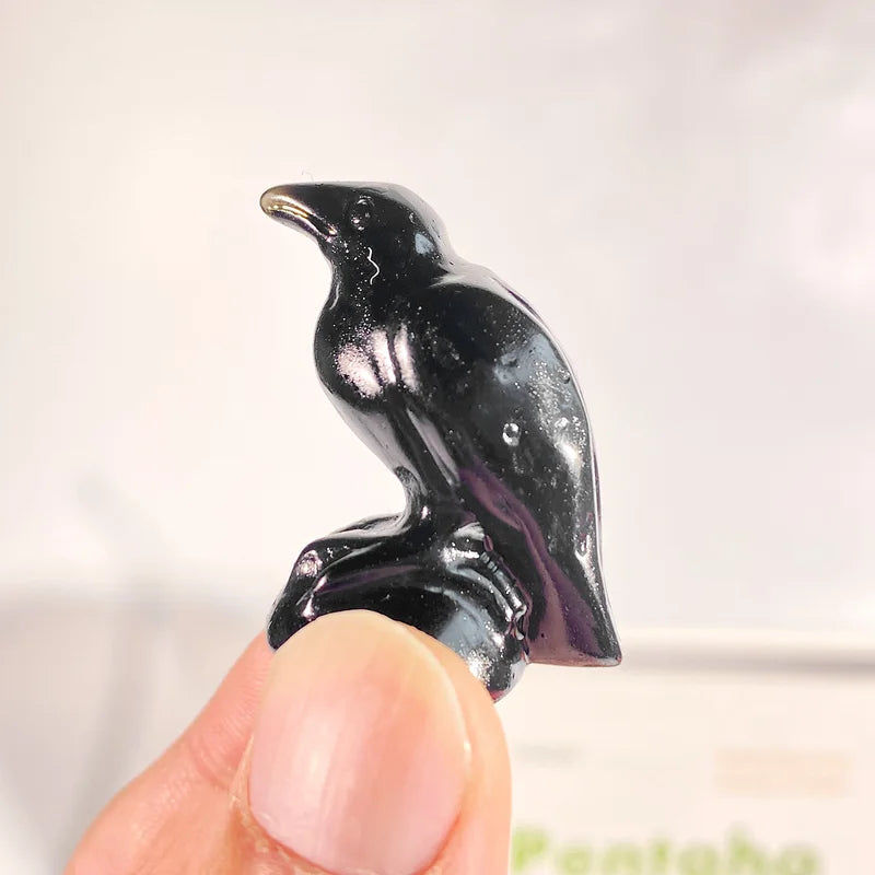 Natural Obsidian Bird Carving Ornament - Holiday Crystal Decor Gift