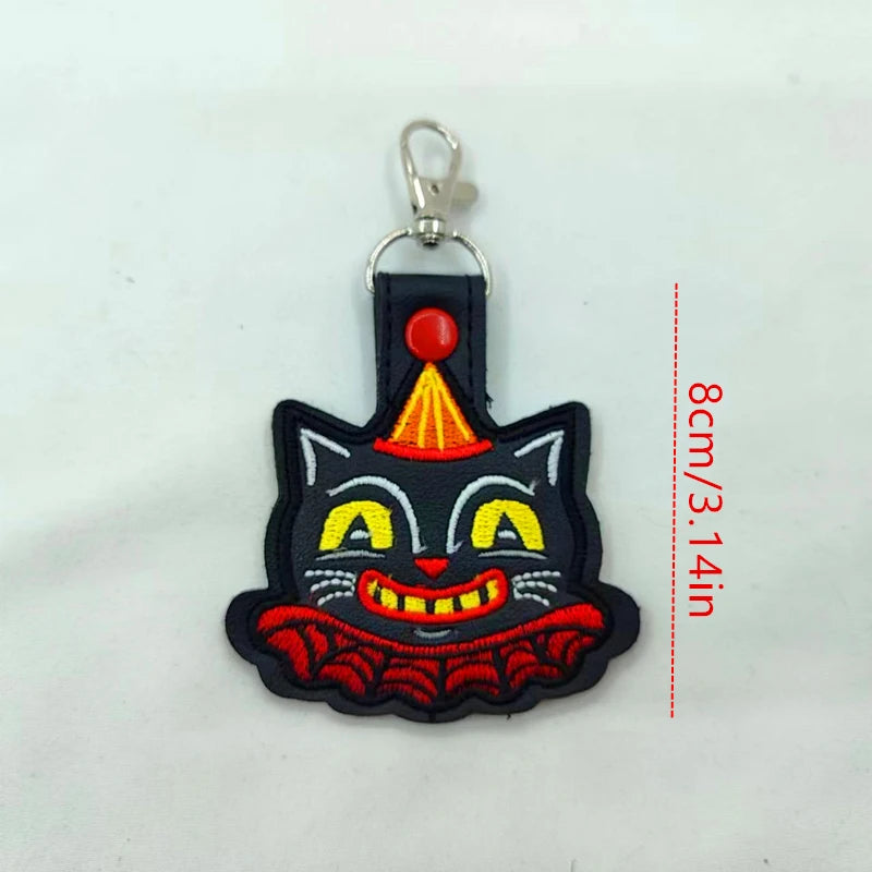 Vintage Halloween Black Cat Keychain - Embroidered Vinyl Cat Charm
