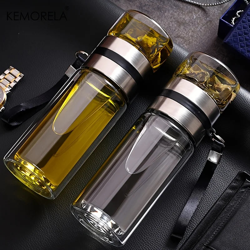 Leakproof Double-Wall Insulated Glass Tea Bottle with Water Separation 350ml-500ml Reusable Travel