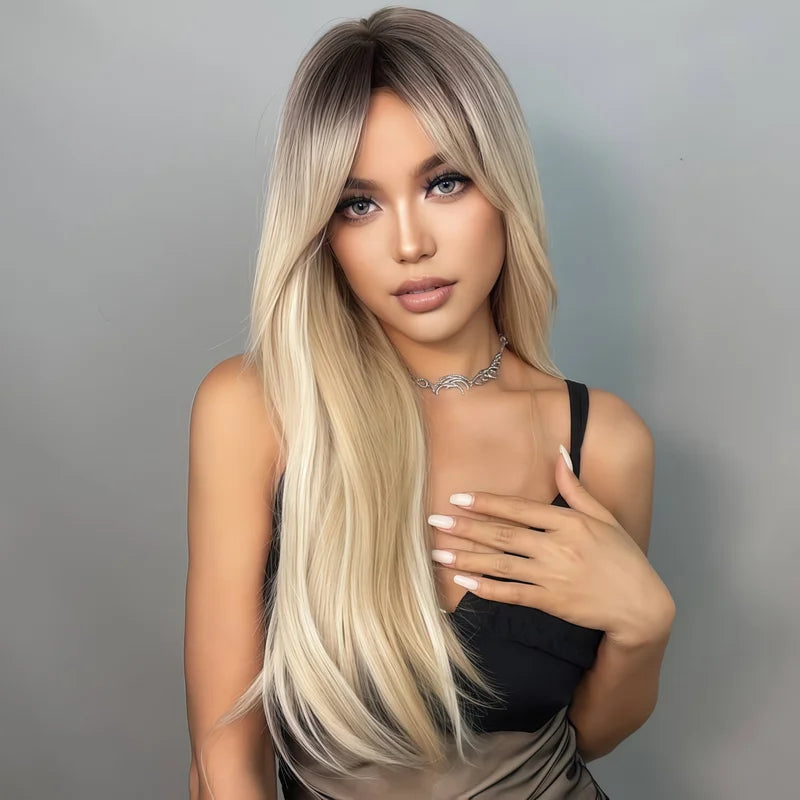 Women’s Gradient Golden Synthetic Wig Shoulder-Length Layered Straight Style