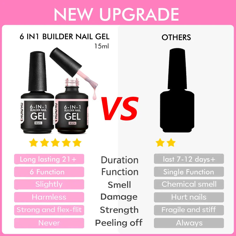 6-in-1 UV Gel Nail Polish Kit Builder Rubber Base Coat Semi-Permanent 15ML