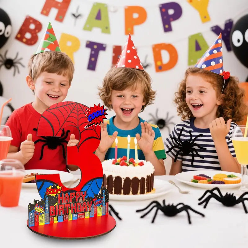 Spider Theme Birthday Number Sign Centerpiece Wooden Table Decor Photo Prop