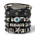 Evil Eye Wing Star Punk Style Leather & Bead Bracelet Set - 5pcs