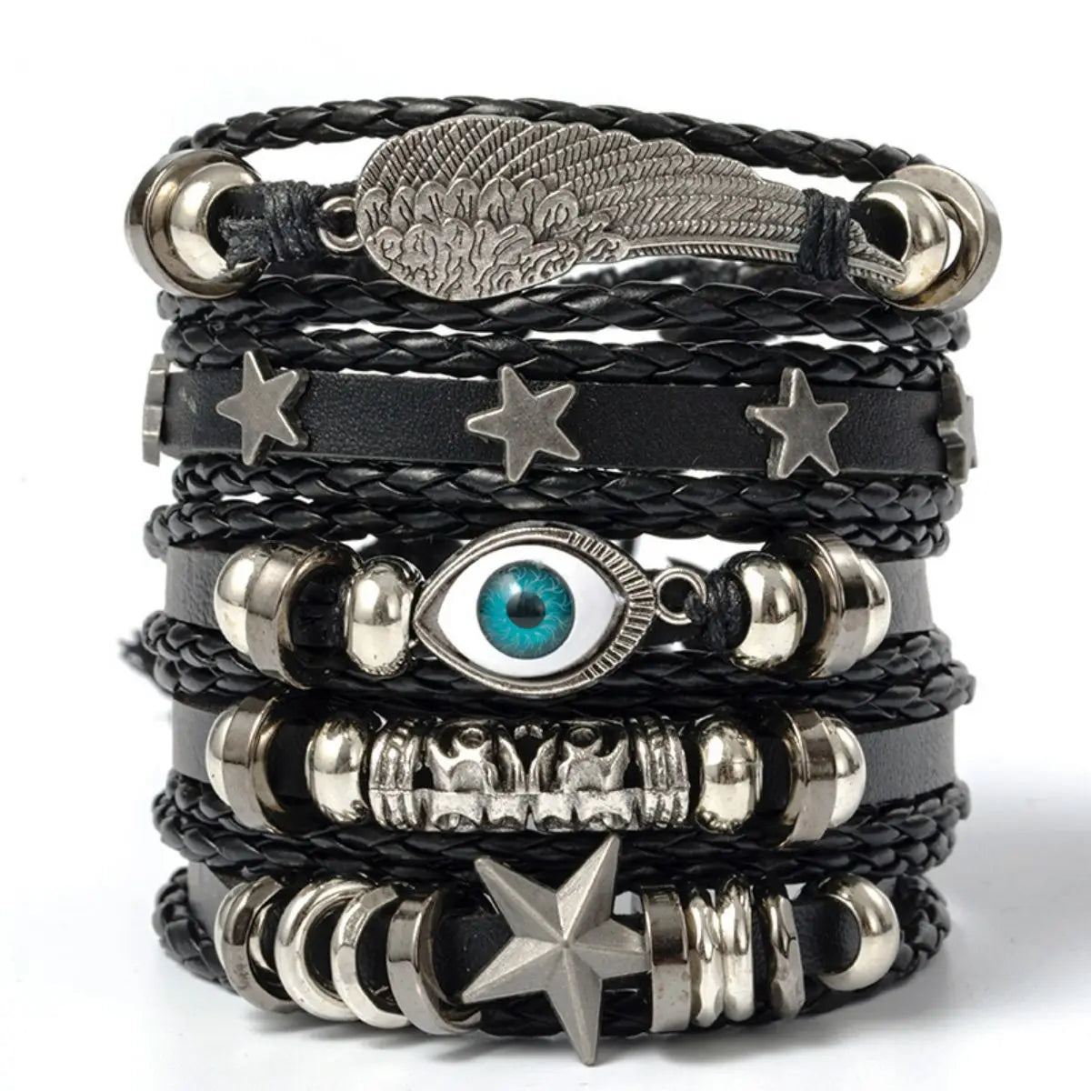 Evil Eye Wing Star Punk Style Leather & Bead Bracelet Set - 5pcs