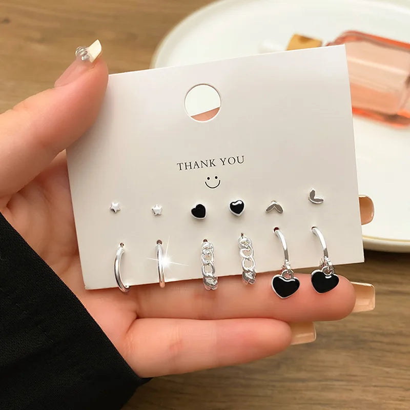 6-Pair Heart-Shaped Butterfly Hoop Earrings Set for Women - Trendy Jewelry
