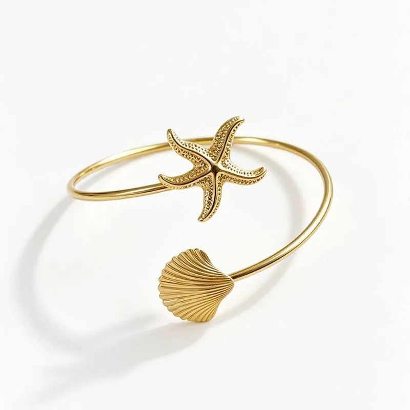 Ocean Style Upper Arm Cuff Bracelet for Women Starfish Spiral Design Gold Color Open Armlet