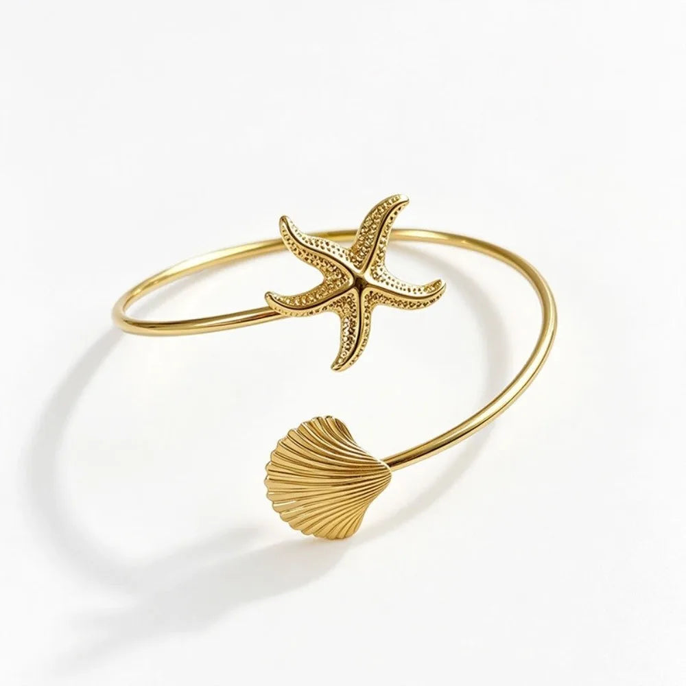 Ocean Style Upper Arm Cuff Bracelet for Women Starfish Spiral Design Gold Color Open Armlet