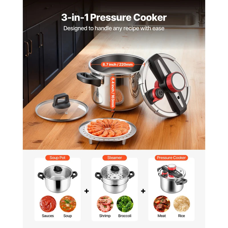 Stainless Steel Pressure Cooker 6.3 Qt with Steaming Rack and Glass Lid - Compatible with Gas, Electric, Induction Stovetops