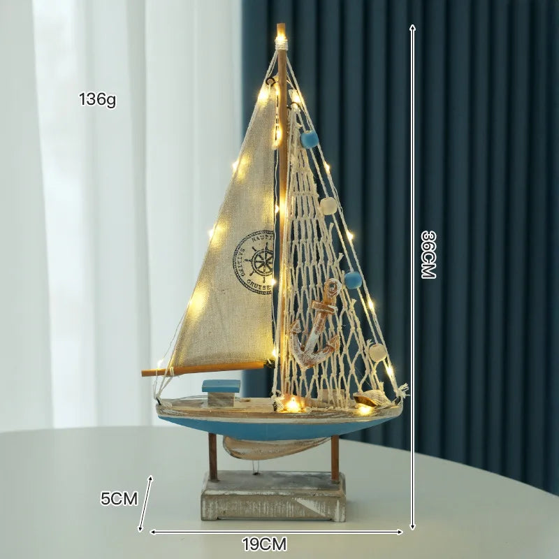 Retro Mediterranean Wooden LED Sailing Boat Model Desktop Decor Ocean Style Gift