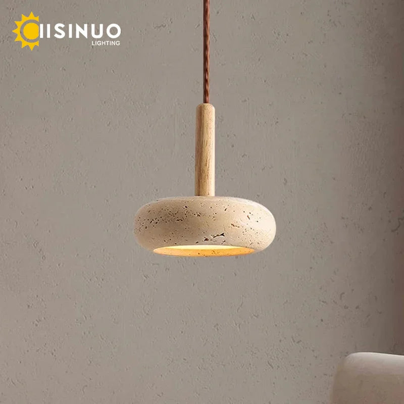 Wabi Sabi Yellow Travertine Stone Pendant Light - Small Round Bedside Hanging Lamp for Bedroom & Corridor