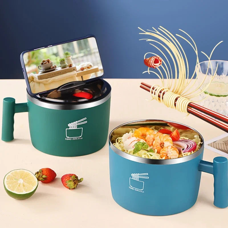 Stainless Steel Instant Noodle Bowl with Lid & Handle - 1000mL, Sealed & Portable Kitchen Drain Bowl