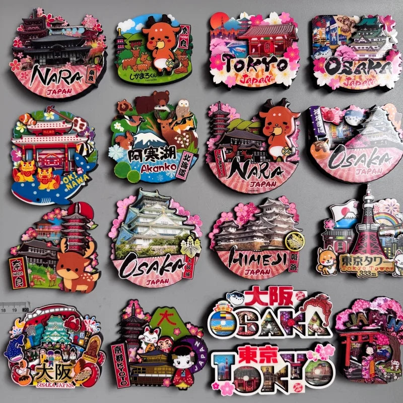 Japanese Tourism Wooden Fridge Magnet Souvenir with Nara Tokyo Osaka Kyoto Mount Fuji Cherry Blossoms