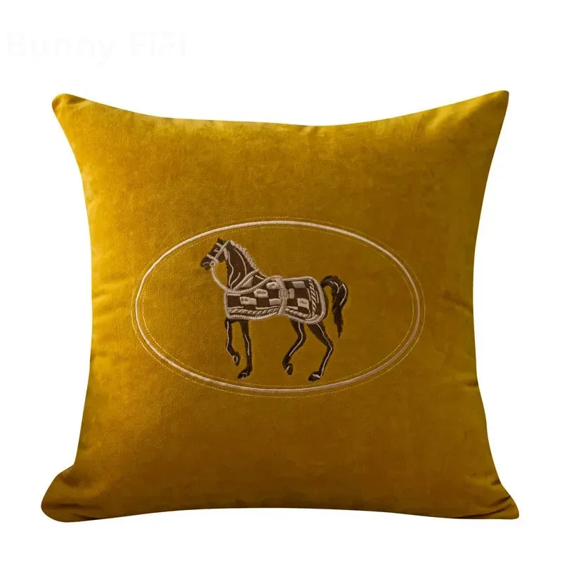 Elegant Hand-Embroidered Cushion Cover with Horse Design 45x45cm - Multiple Colors