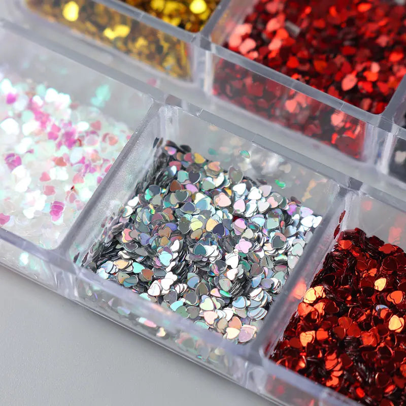 Y2K Heart Glitter Nail Sequins Set - Iridescent Metallic Love for DIY Nails