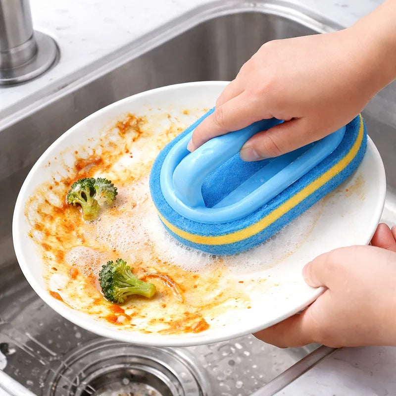 Household Cleaning Brush with Handle - Durable Sponge & Plastic Scrubbing Tool for Kitchen & Bathroom