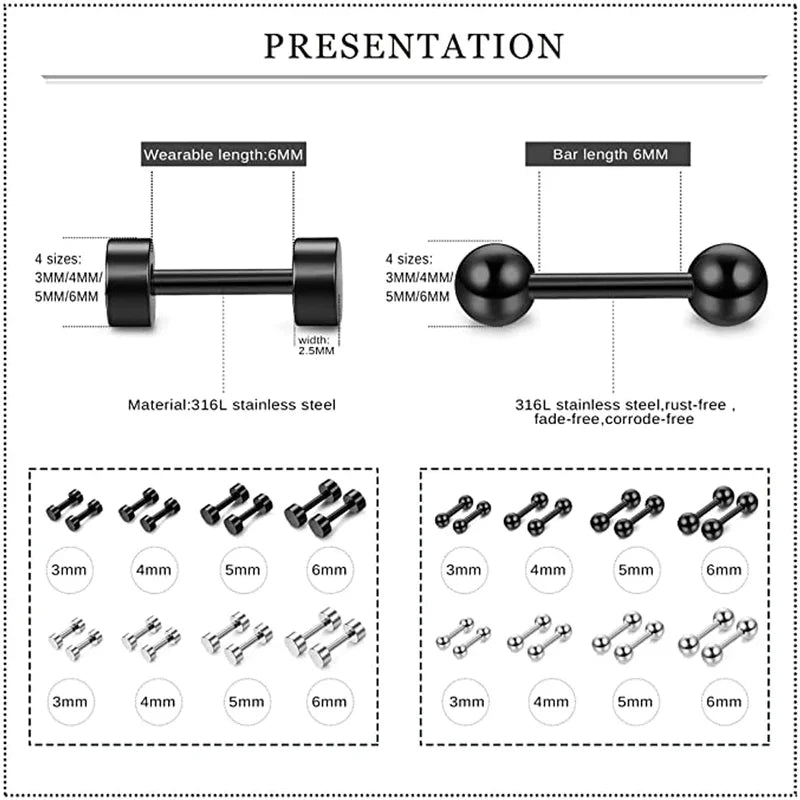 Stainless Steel Ear Piercing Stud Set - 4-16 Pairs 3-6mm Men Women Jewelry