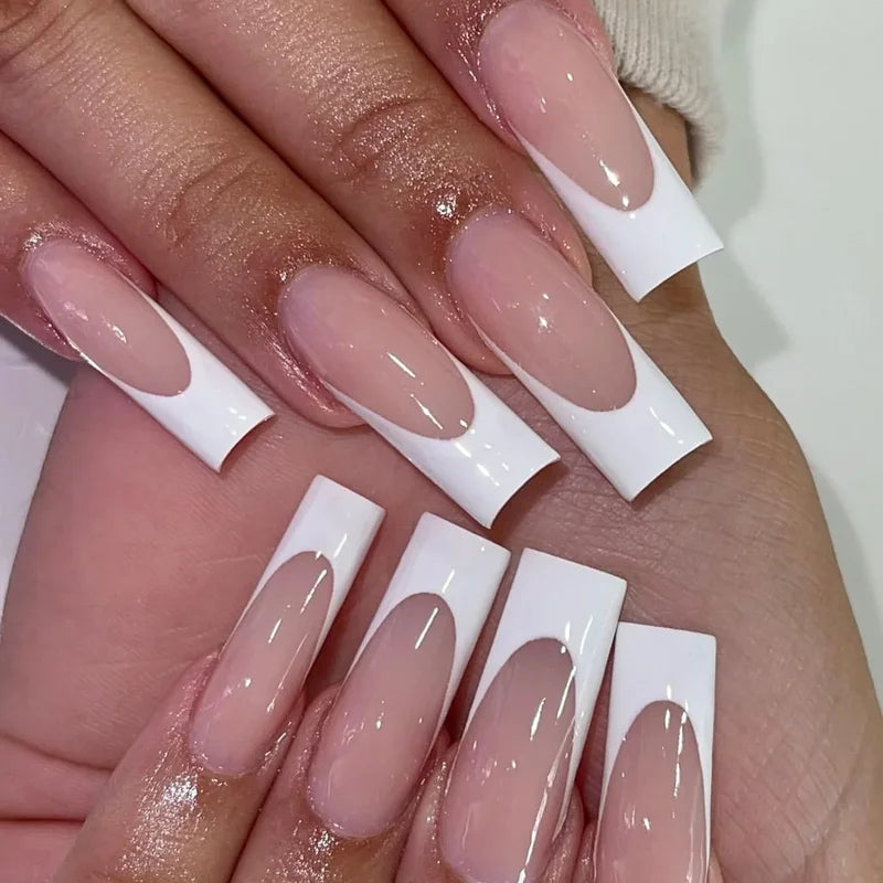 24PCS Rectangular White Fake Nail Tips - French Style Acrylic Manicure Set