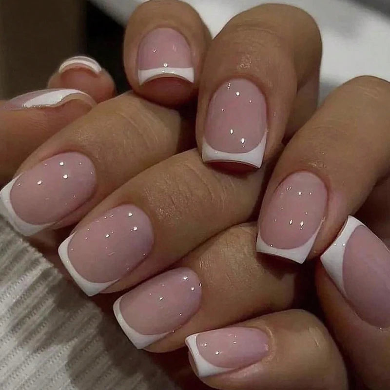 24PCS Short Square Fake Nail Set with French Design for Nail Art & DIY Manicure