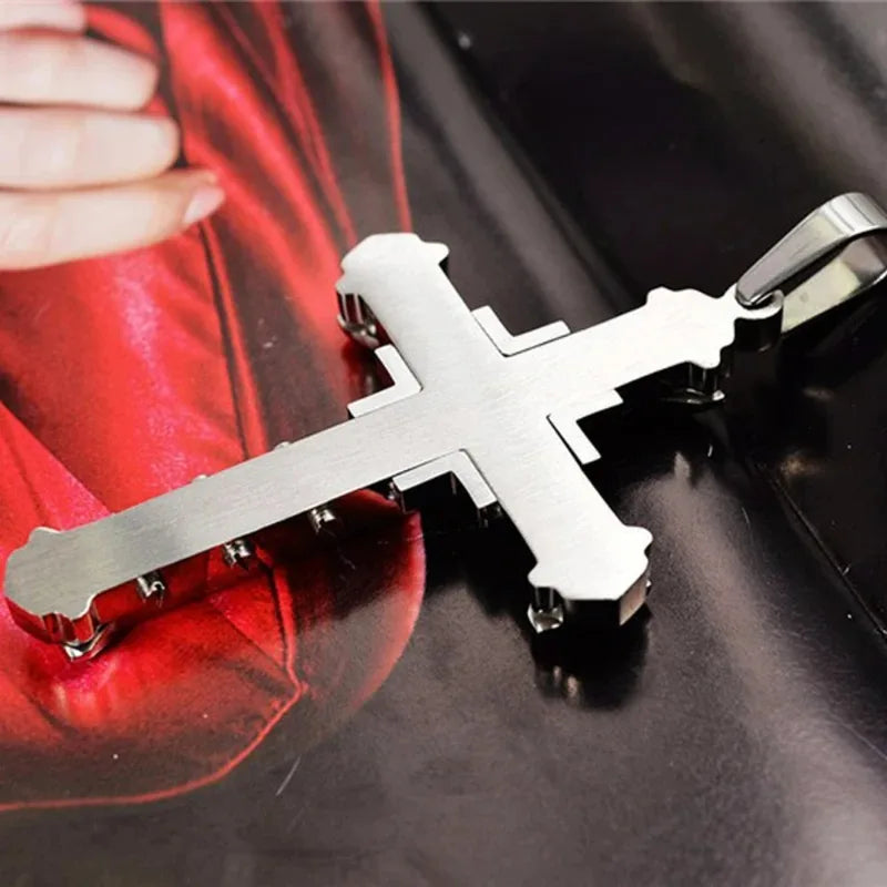 Men's Crystal Cross Pendant Necklace Stainless Steel Jewelry 2024