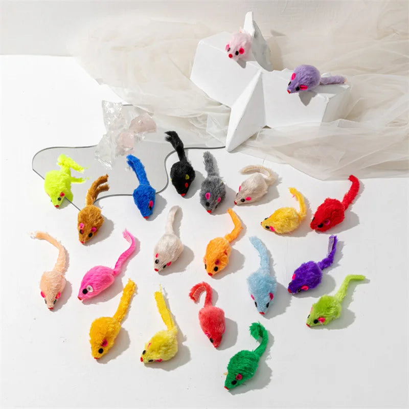 Plush Cat Toys Set - Rainbow Mouse Feather Fur Play Toys for Kittens & Cats