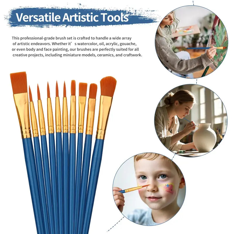 10-Piece Multicolor Paint Brush Set for Artists & Crafts - Nylon Hair