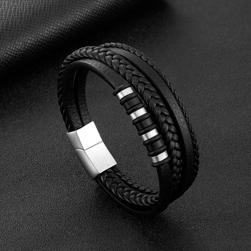 Multi-Layer Leather Bracelet with Magnetic Clasp Men’s Fashion Wrist Jewelry Casual Business Accessory